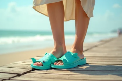 Femme portant des claquettes poisson turquoise originales sur une promenade en bord de mer en été