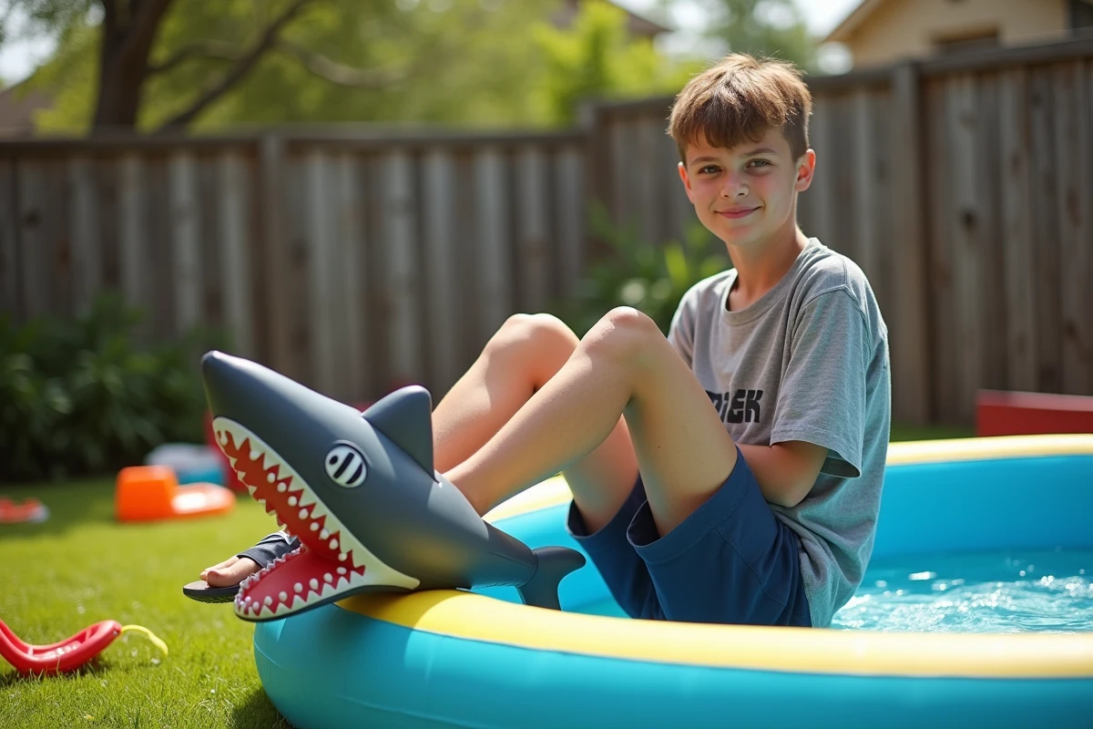 Adolescent avec des claquettes requin grises originales assis au bord d'une piscine gonflable dans un jardin