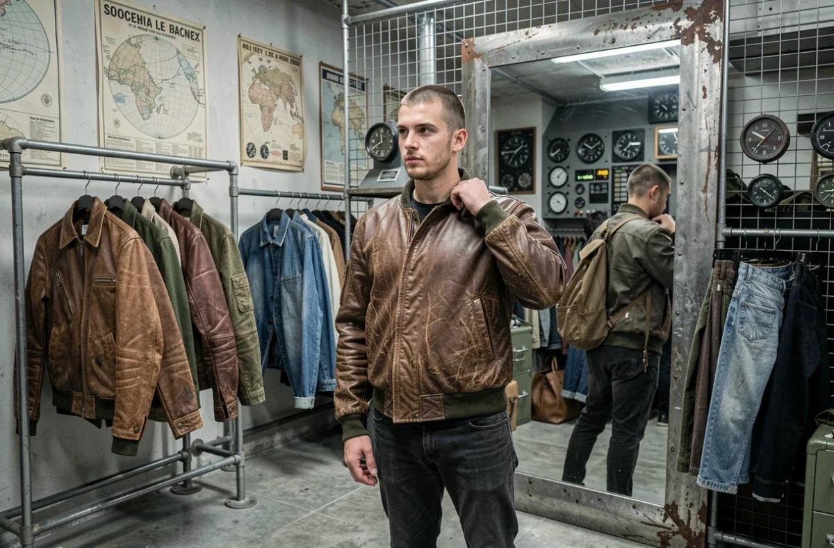 Un jeune homme essaie une veste bomber en cuir vintage dans la friperie Cockpit à Lyon, boutique à l'ambiance industrielle et aéronautique