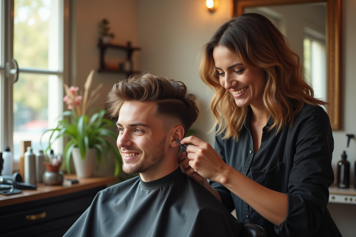 Coiffeur souriant réparant une coupe de cheveux dans un salon lumineux