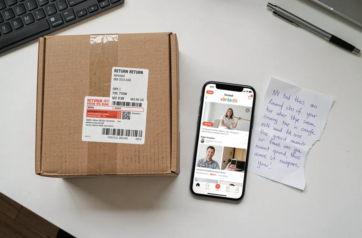 Vue aérienne d'un colis retourné avec étiquette de retour, smartphone affichant une application de revente et note manuscrite sur un bureau blanc