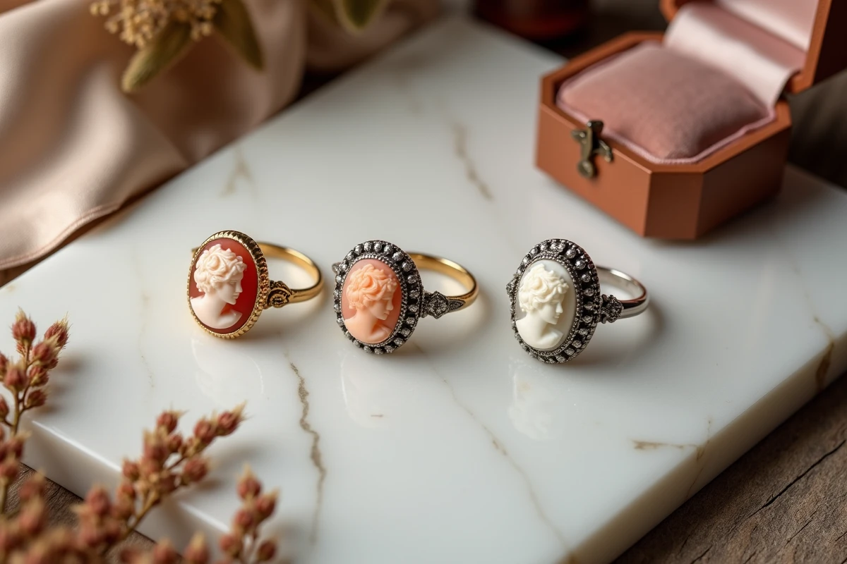 Collection de bagues en camée vintage et modernes sur marbre blanc, tendances bijoux 2026