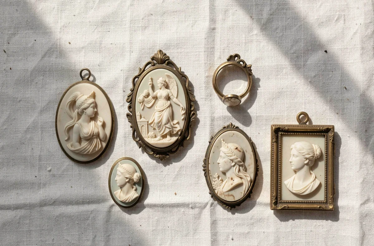 Disposition à plat de cinq bijoux camées antiques incluant des motifs mythologiques et des profils féminins gravés