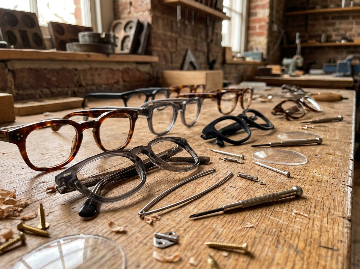 Collection de montures de lunettes artisanales françaises en acétate disposées sur une table en chêne avec des outils de précision