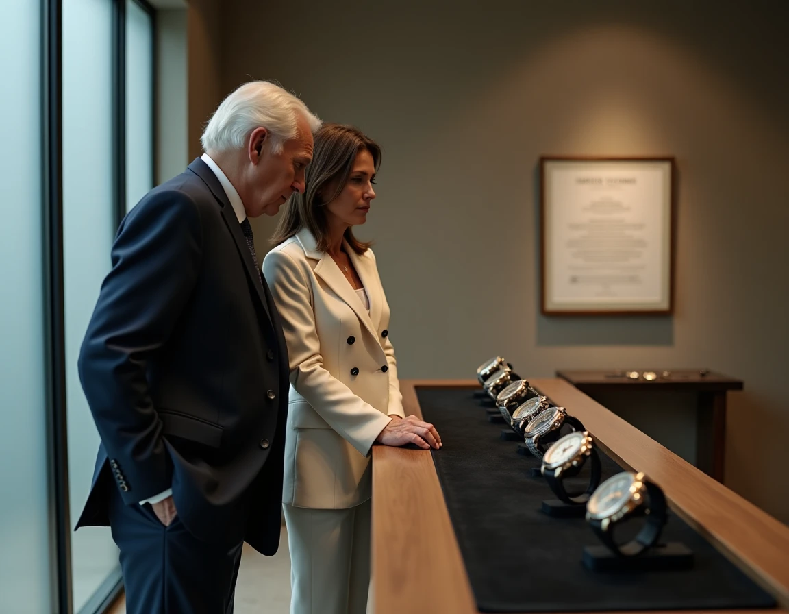 Deux collectionneurs examinant une sélection de montres d'exception exposées sur velours noir dans un showroom privé discret