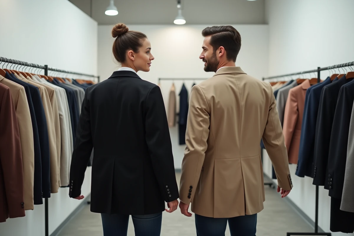 Deux collègues comparant des tenues professionnelles dans un showroom de vêtements de travail