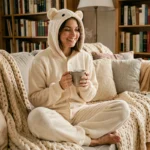 Jeune femme portant une combinaison pyjama animal moelleuse beige en forme d'ours, assise sur un canapé douillet avec un plaid en tricot épais et une tasse de thé fumante