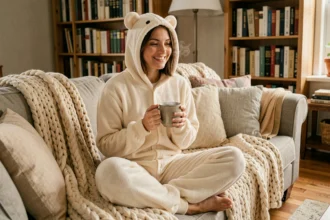 Jeune femme portant une combinaison pyjama animal moelleuse beige en forme d'ours, assise sur un canapé douillet avec un plaid en tricot épais et une tasse de thé fumante