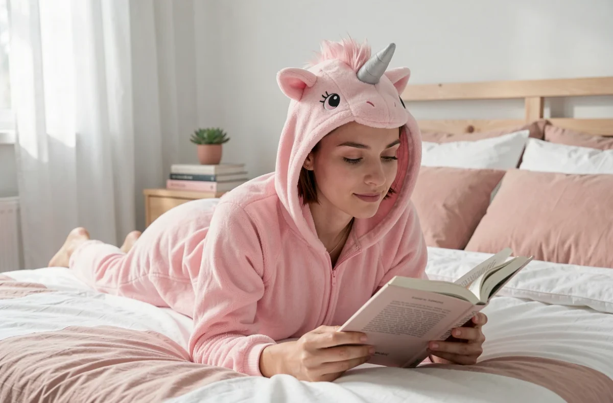 Jeune femme en combinaison pyjama licorne rose pastel allongée sur son lit à lire un livre, atmosphère cocooning douce et détendue