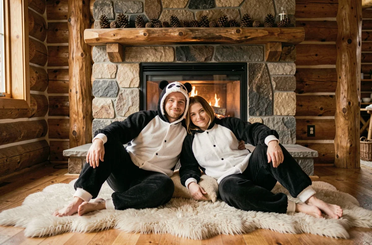Couple portant des combinaisons pyjama panda assorties devant une cheminée dans un chalet rustique en bois, ambiance cocooning chaleureuse