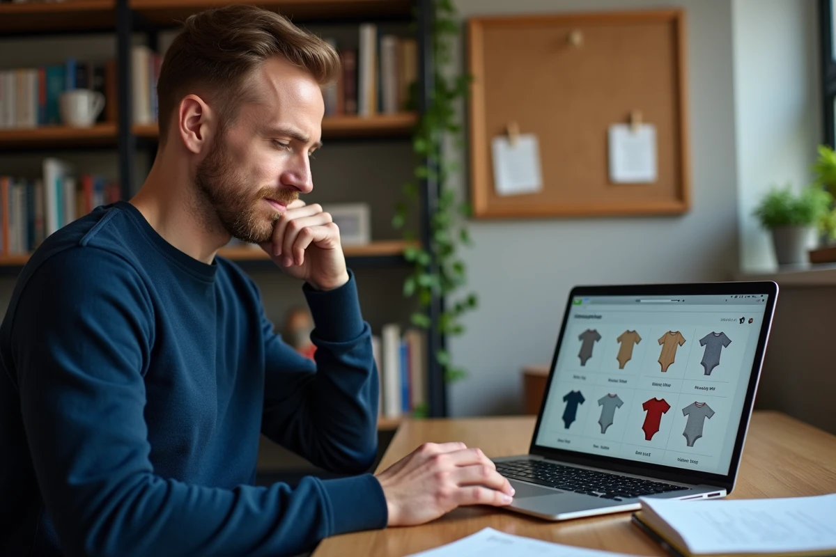 Homme configurant une commande de body bébé personnalisable en ligne, avec guide des tailles et notes manuscrites sur son bureau
