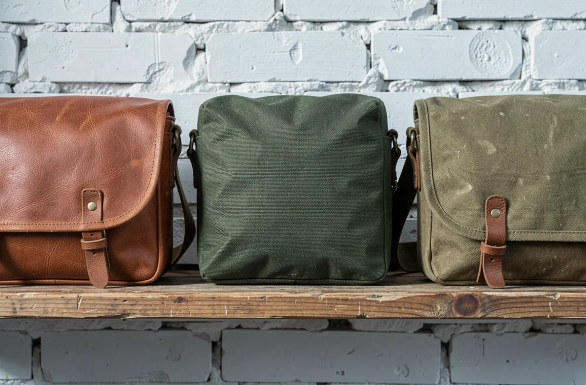 Comparaison de matières de sacoches homme : cuir végétal, nylon balistique et toile cirée sur une étagère en chêne