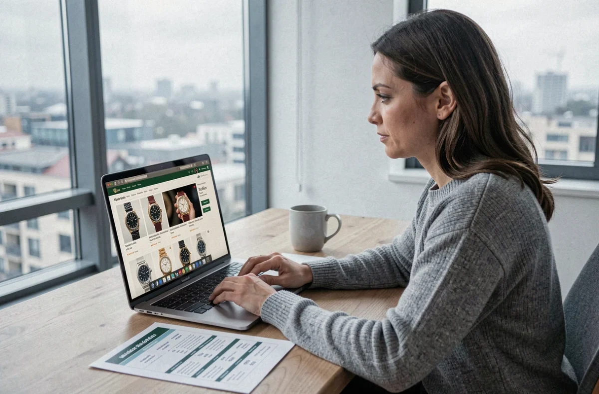 Femme comparant les prix de montres Rolex en ligne sur un ordinateur portable depuis un bureau à domicile moderne