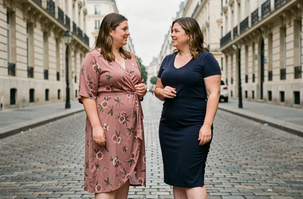 Deux femmes rondes comparant robe fluide et robe cintrée dans une rue parisienne, guide de style pour ventre gonflé