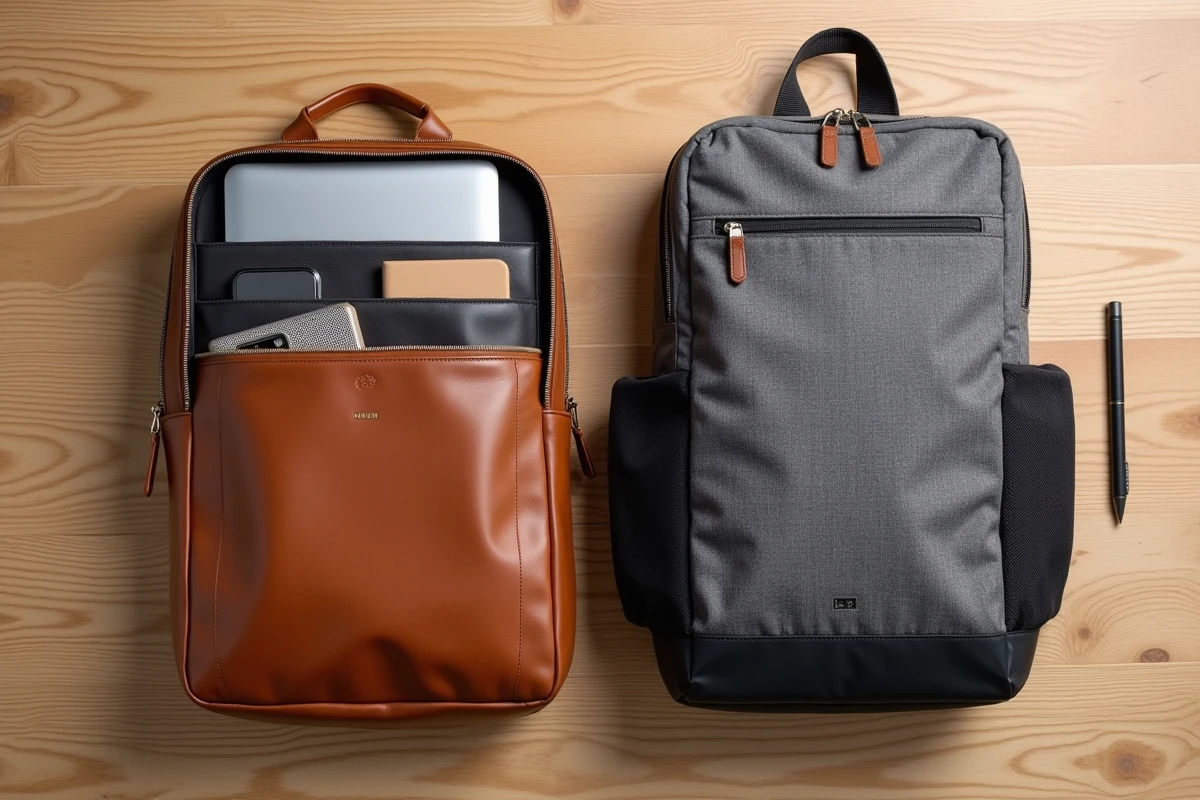 Comparaison à plat d'une sacoche cuir et d'un sac à dos business ouverts sur un bureau en bois