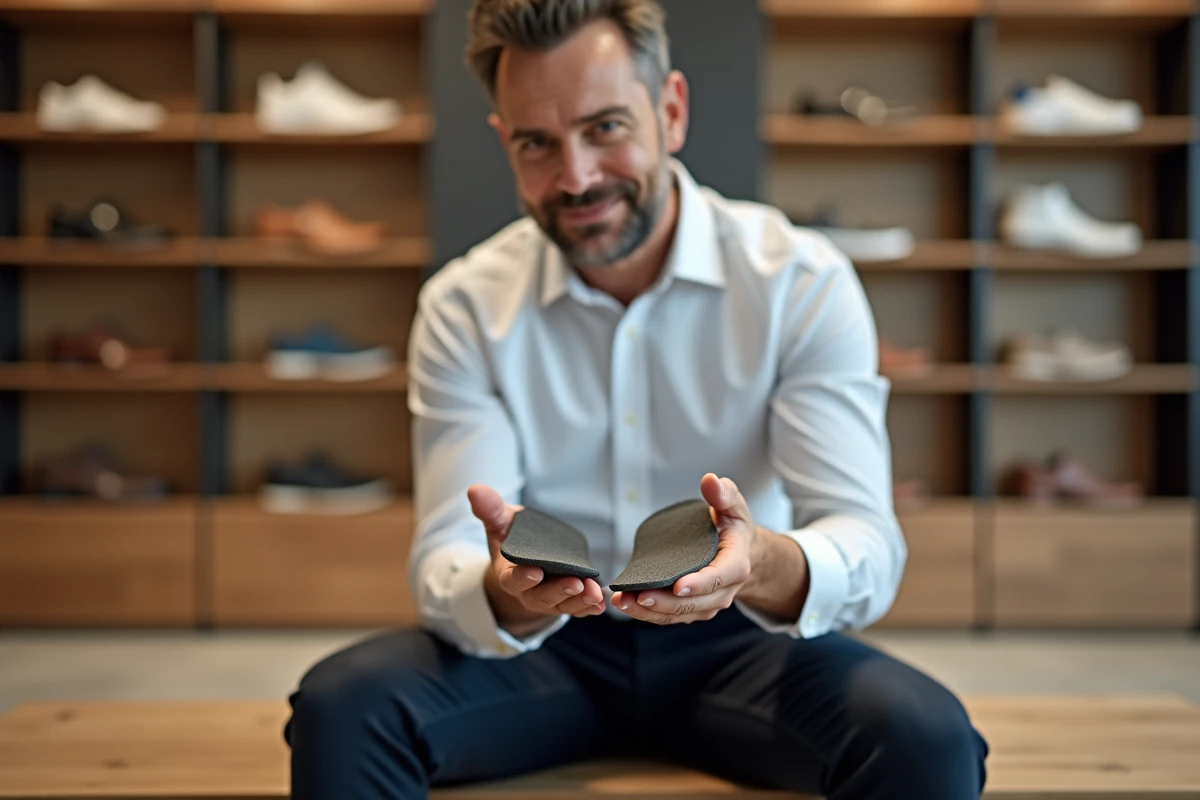 Homme comparant deux semelles orthopédiques gel et mousse mémoire pour chaussures trop larges en magasin