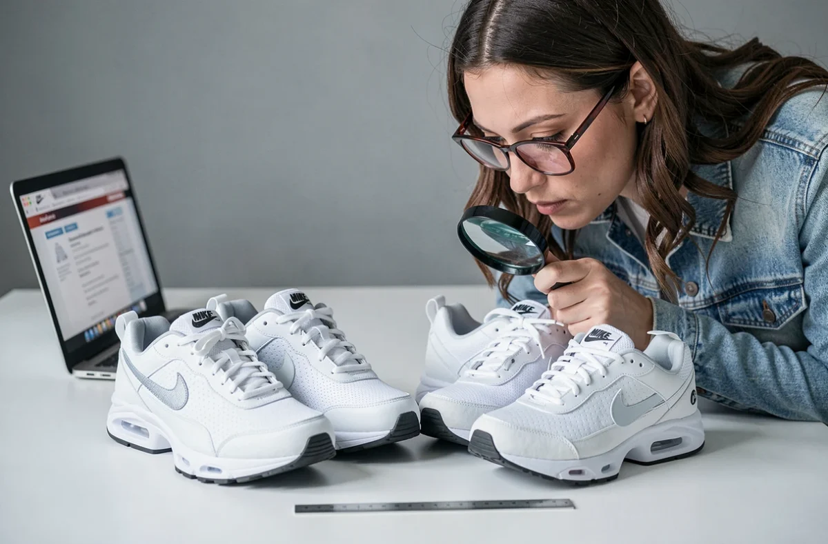 Comparaison côte à côte d'une paire de Nike Shox Supreme authentique et d'une contrefaçon, avec inspection des détails de couture et du logo