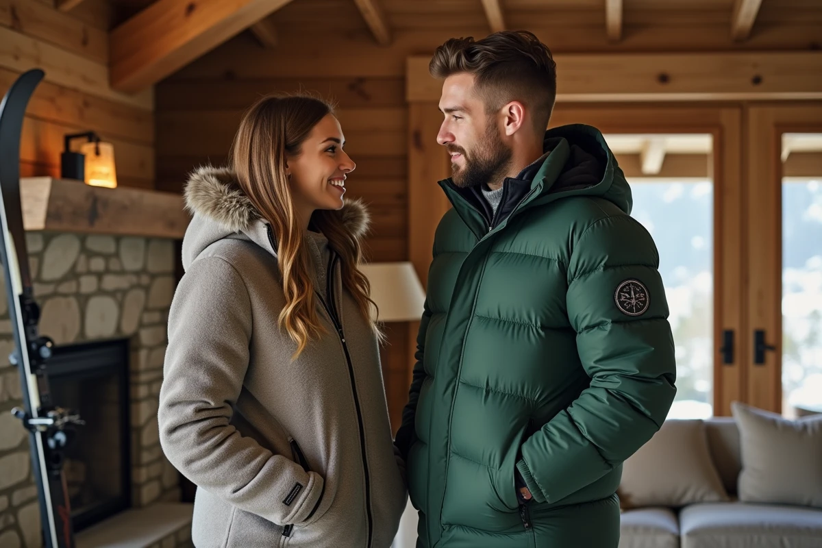 Deux amis dans un chalet de ski haut de gamme comparant un style vestimentaire discret et un style ostentatoire avec logo de marque visible