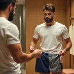 Homme en cabine d'essayage comparant deux shorts de bain de tailles différentes pour éviter les erreurs de coupe