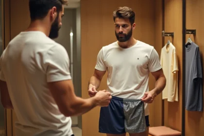 Homme en cabine d'essayage comparant deux shorts de bain de tailles différentes pour éviter les erreurs de coupe