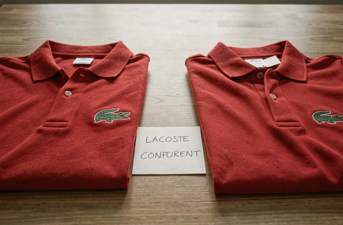Comparaison d'un vrai et faux polo Lacoste côte à côte montrant les différences du logo crocodile