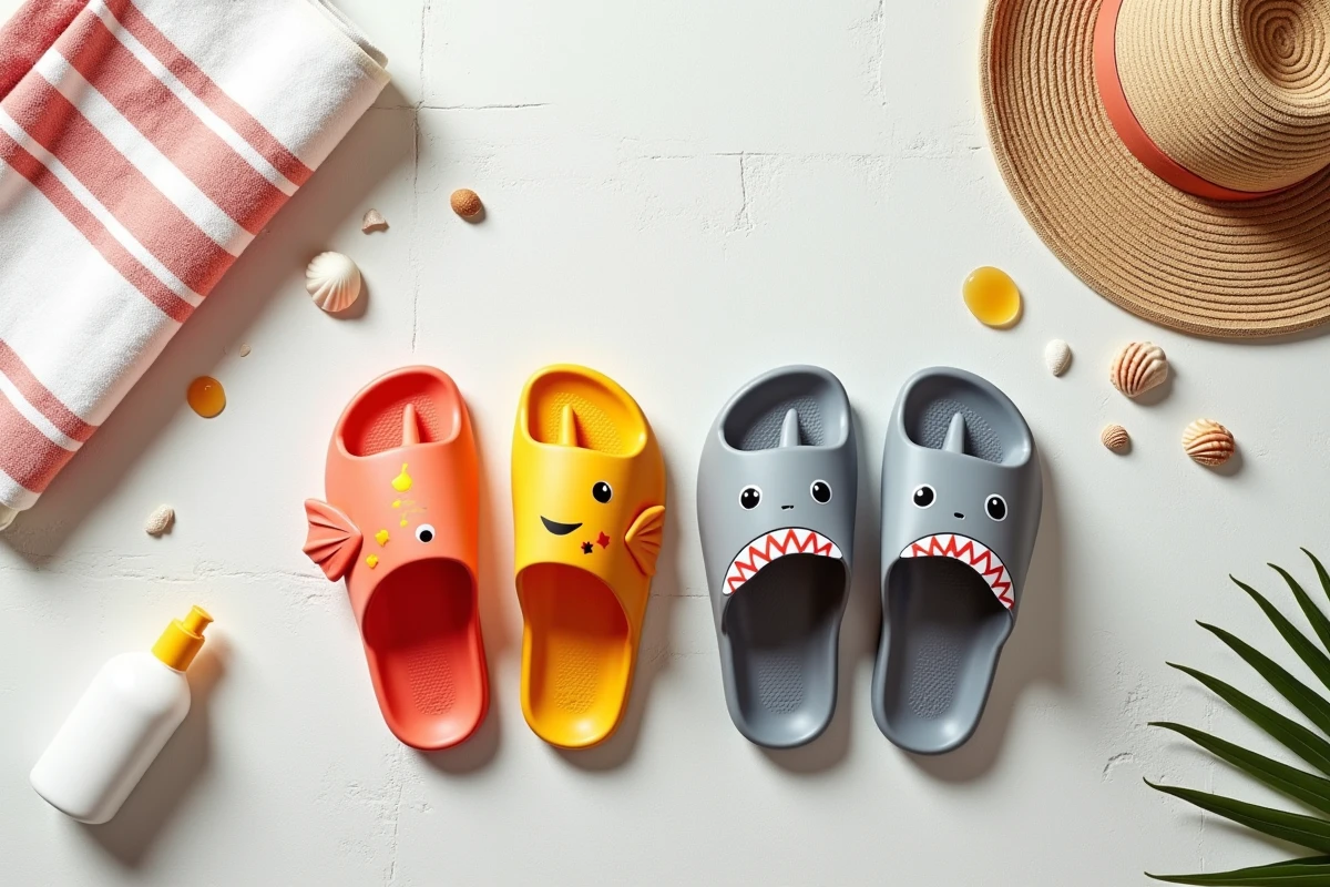 Comparatif flat-lay de claquettes poisson et claquettes requin posées sur béton blanc avec accessoires de plage