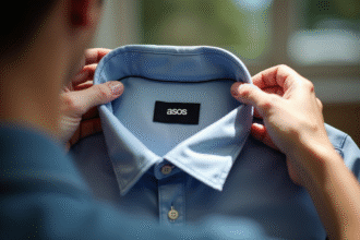 Personne examinant le label d'une chemise Asos sous lumière naturelle