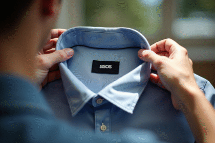 Personne examinant le label d'une chemise Asos sous lumière naturelle