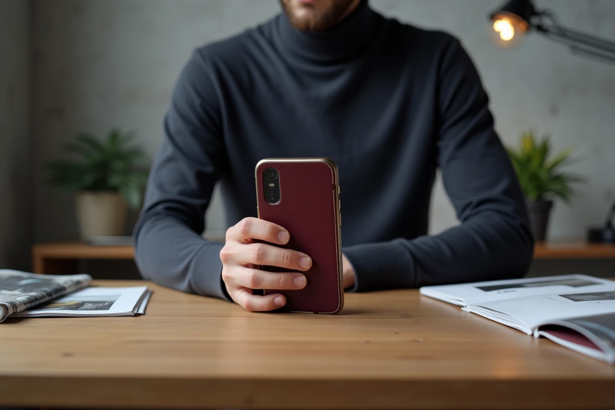 Homme posant son smartphone avec une coque en cuir bordeaux sur un bureau design dans un intérieur contemporain