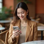 Jeune femme élégante tenant un smartphone avec une coque originale à motif floral dans un café parisien