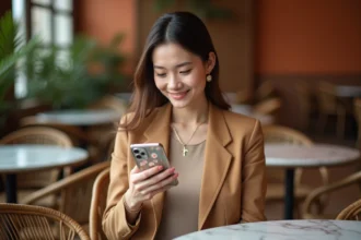Jeune femme élégante tenant un smartphone avec une coque originale à motif floral dans un café parisien