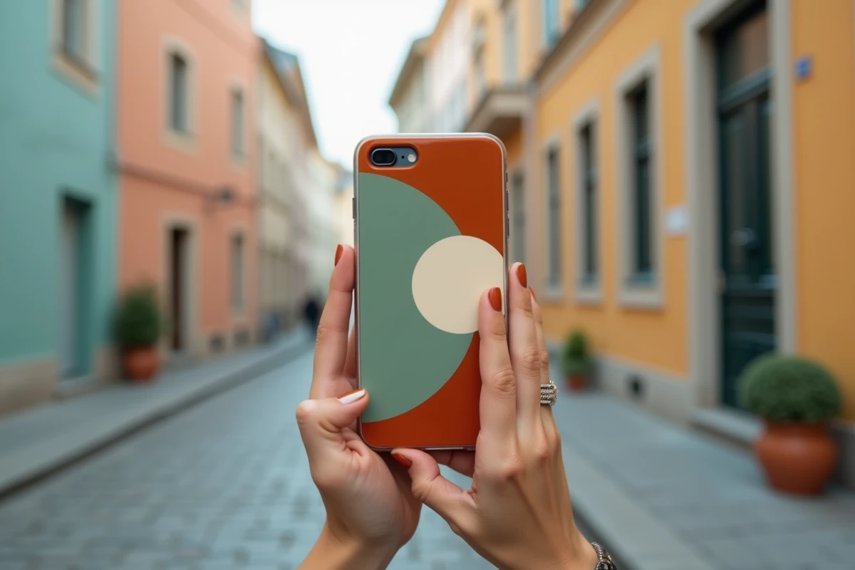 Gros plan sur des mains féminines tenant un smartphone avec une coque graphique colorée dans une rue européenne