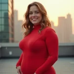 Femme confiante en combinaison moulante rouge style Totally Spies sur un rooftop urbain, posture body positive et sourire naturel