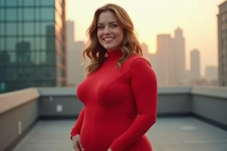 Femme confiante en combinaison moulante rouge style Totally Spies sur un rooftop urbain, posture body positive et sourire naturel