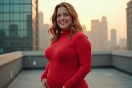 Femme confiante en combinaison moulante rouge style Totally Spies sur un rooftop urbain, posture body positive et sourire naturel