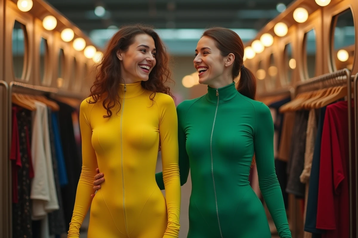 Deux cosplayeuses en combinaisons moulantes Totally Spies jaune et verte riant ensemble dans les coulisses d'une convention cosplay, diversité corporelle