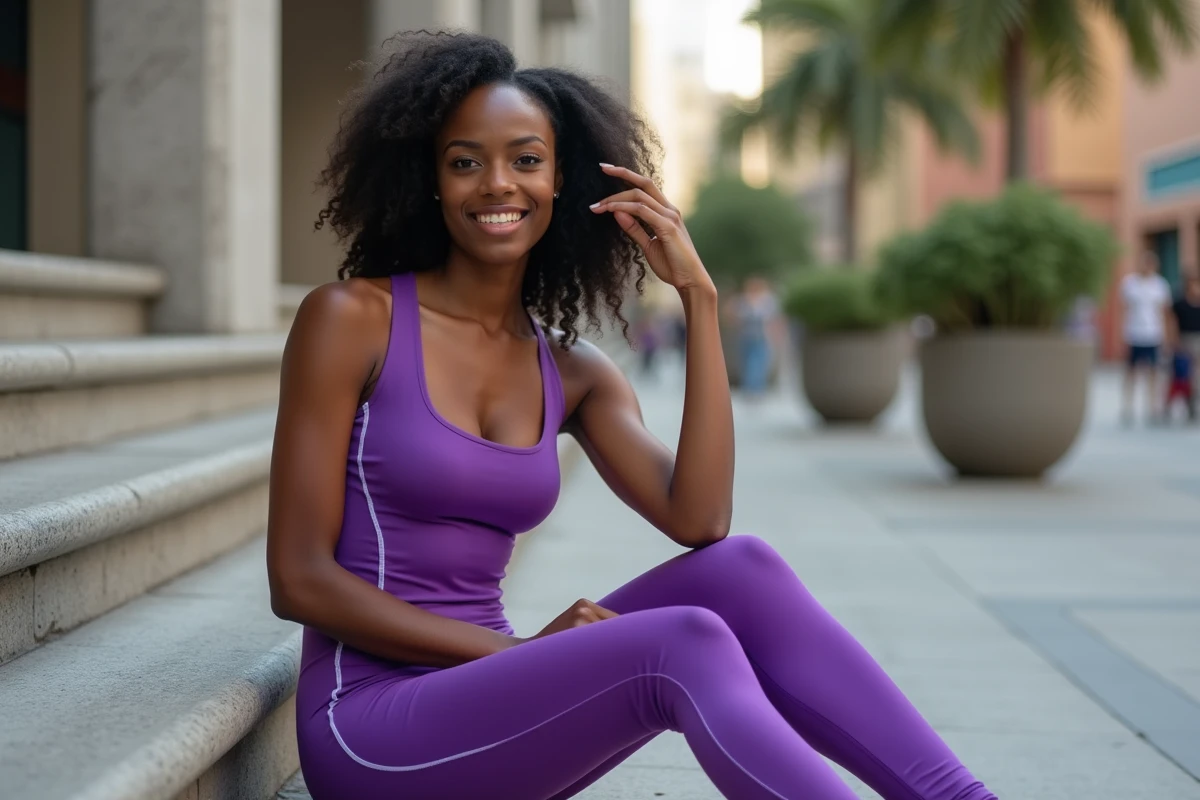 Femme noire confiante en combinaison moulante violette style Totally Spies assise sur des marches urbaines, représentation body positive en cosplay
