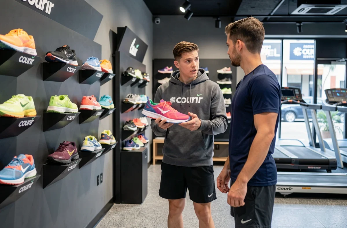 Intérieur du magasin Courir avec un employé présentant des chaussures de running à un client près d'un mur de présentoirs de sneakers athlétiques
