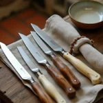 Couteaux Laguiole authentiques et art de la table posés sur une table en chêne rustique dans une cuisine provençale française