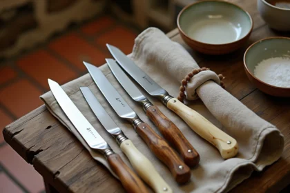 Couteaux Laguiole authentiques et art de la table posés sur une table en chêne rustique dans une cuisine provençale française