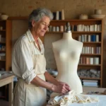 Couturière expérimentée épinglant un tissu ivoire sur un mannequin dans un atelier artisanal à Salon-de-Provence