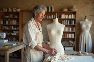 Couturière expérimentée épinglant un tissu ivoire sur un mannequin dans un atelier artisanal à Salon-de-Provence