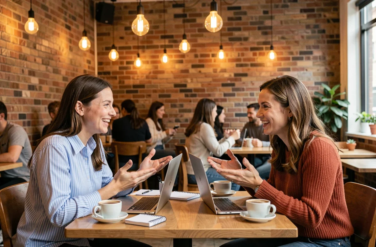 Deux créatrices de contenu discutant de stratégie blogging et réseaux sociaux autour d'un café dans un café urbain