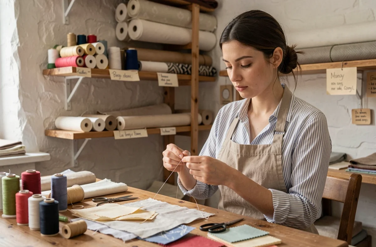 Couturière Aurélie concentrée sur son travail de fil et d'aiguille dans son atelier artisanal