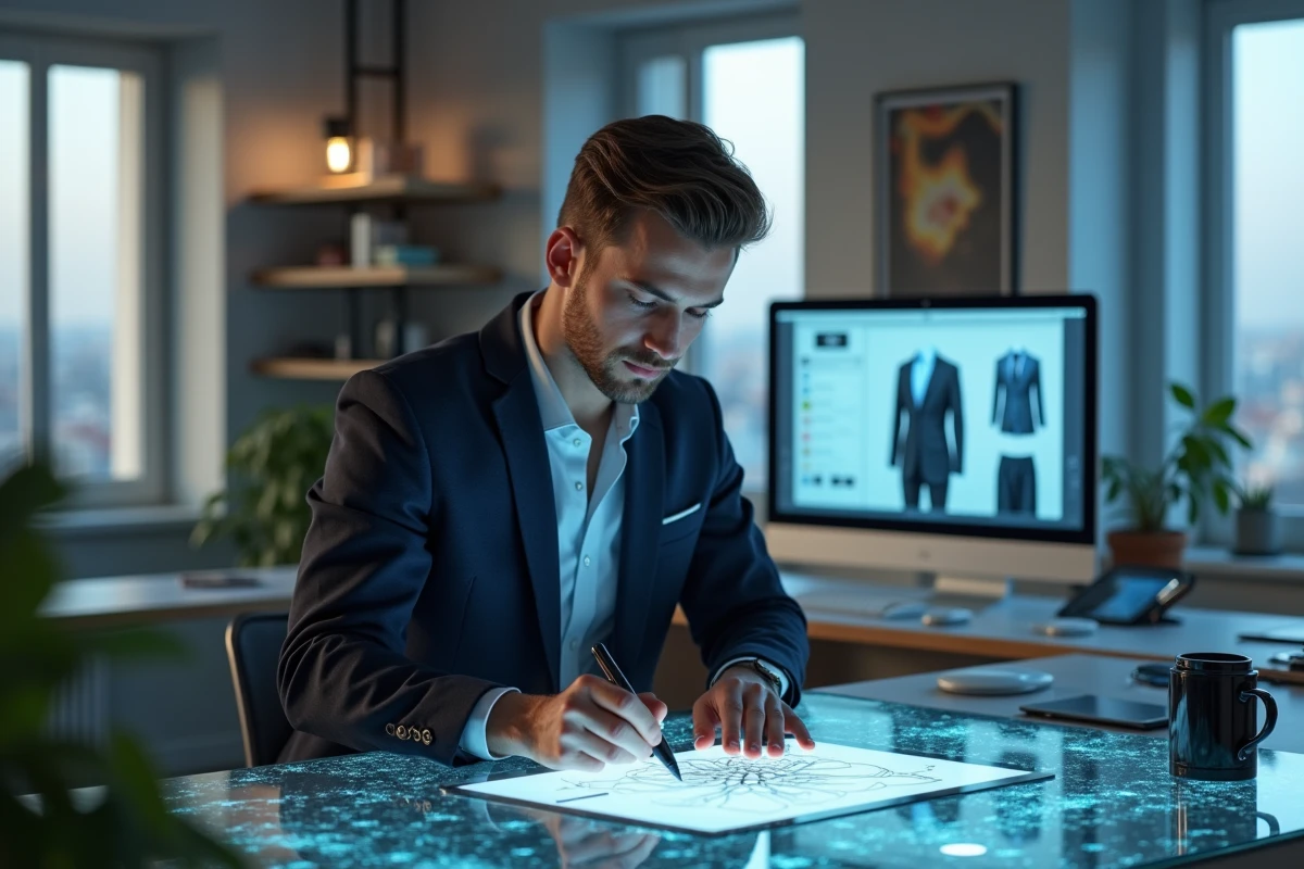 Homme designer en costume avec tablette holographique dans un studio moderne