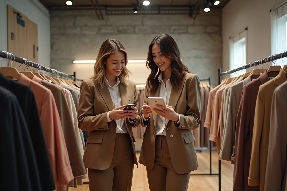 Deux femmes comparant les tailles de vêtements avec un convertisseur en ligne dans une boutique moderne