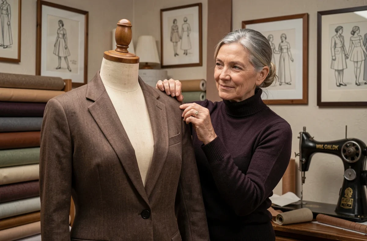 Créatrice de Dominique Création ajustant un col de veste sur un mannequin en bois dans son studio