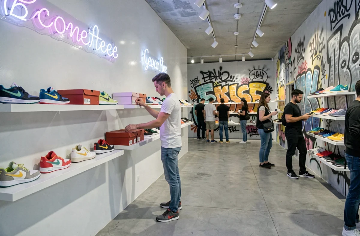 Boutique de sneakers Dopy à Saint-Denis avec un employé arrangeant des boîtes de chaussures sur des étagères flottantes modernes