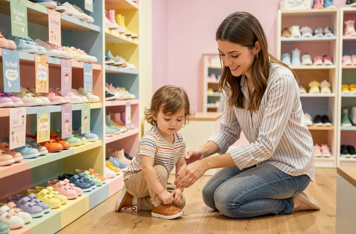 Rayon chaussures enfants de Du Pareil au Même avec une vendeuse aidant un bambin à essayer des chaussures en cuir sous le regard de sa mère