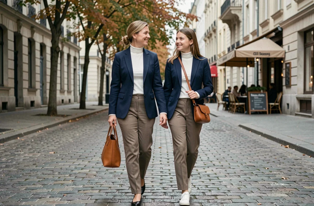 Duo mère et fille adolescente en blazers marine coordonnés marchant dans une rue pavée européenne